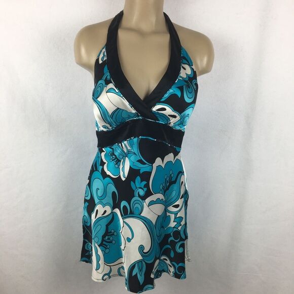 Cache 100% Silk Black White Blue Print Dark Floral Sleeveless Halter top 8 - Picture 6 of 9